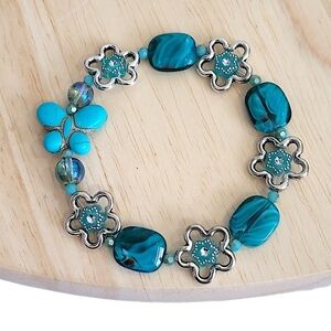 Hand Crafted Kids Teal Bracelet Howlite Butterfly Floral Glass Stretch Size 7.5"
